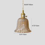 Contemporary Retro Checkered Glass Flower Shade Brass Solid Wood 1-light Pendant Light for Bedroom