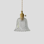 Contemporary Retro Checkered Glass Flower Shade Brass Solid Wood 1-light Pendant Light for Bedroom