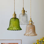 Contemporary Retro Checkered Glass Flower Shade Brass Solid Wood 1-light Pendant Light for Bedroom
