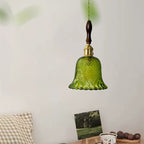 Contemporary Retro Checkered Glass Flower Shade Brass Solid Wood 1-light Pendant Light for Bedroom