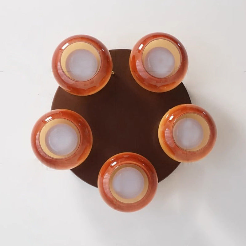 Traditional French Glass Persimmon Shade Iron 5-light Semi-flush Mount Ceiling Light for Living Room