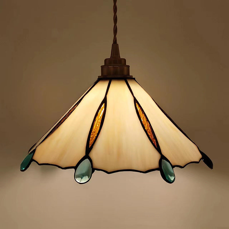 Traditional Tiffany Brass Stained Glass Conical Shade 1-Light Pendant Light For Bedroom