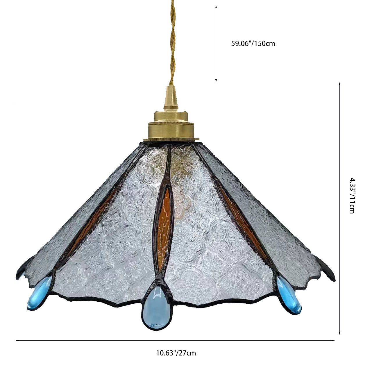Traditional Tiffany Brass Stained Glass Conical Shade 1-Light Pendant Light For Bedroom