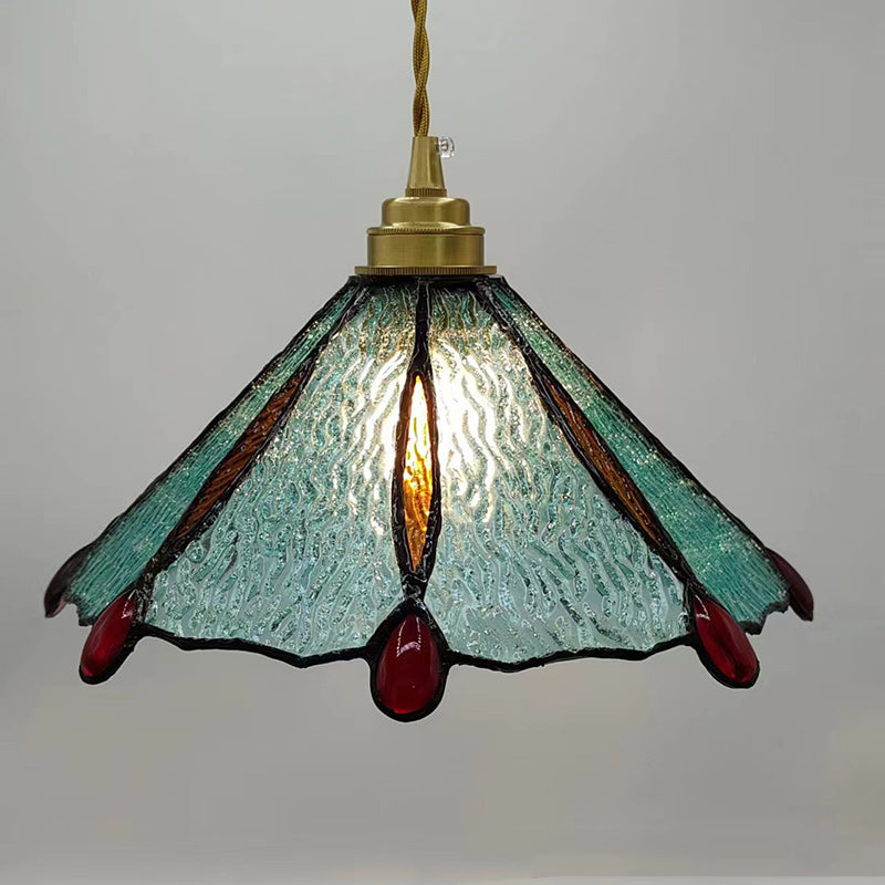 Traditional Tiffany Brass Stained Glass Conical Shade 1-Light Pendant Light For Bedroom