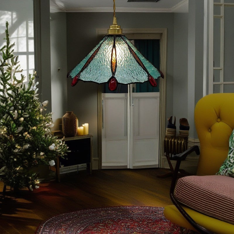 Traditional Tiffany Brass Stained Glass Conical Shade 1-Light Pendant Light For Bedroom