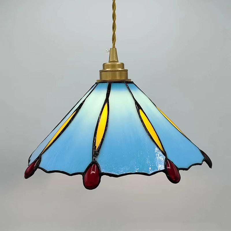 Traditional Tiffany Brass Stained Glass Conical Shade 1-Light Pendant Light For Bedroom