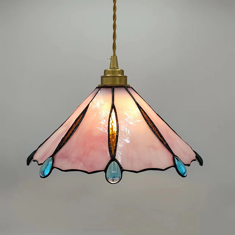 Traditional Tiffany Brass Stained Glass Conical Shade 1-Light Pendant Light For Bedroom