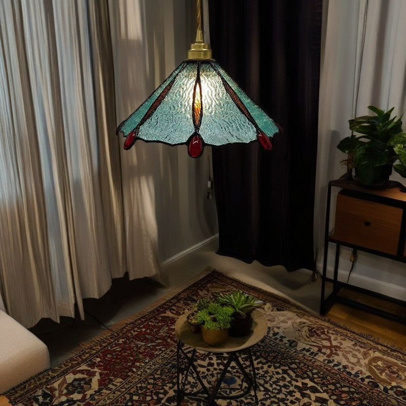 Traditional Tiffany Brass Stained Glass Conical Shade 1-Light Pendant Light For Bedroom