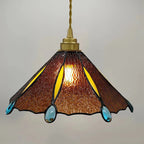 Traditional Tiffany Brass Stained Glass Conical Shade 1-Light Pendant Light For Bedroom
