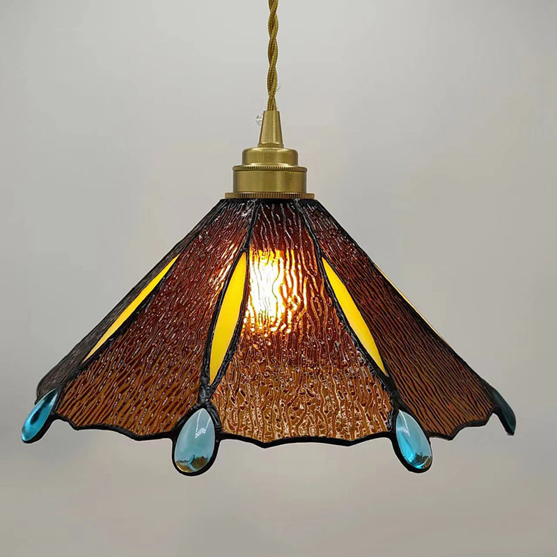 Traditional Tiffany Brass Stained Glass Conical Shade 1-Light Pendant Light For Bedroom