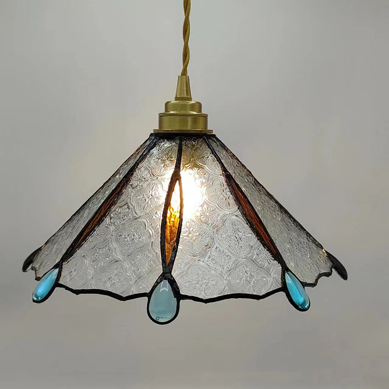 Traditional Tiffany Brass Stained Glass Conical Shade 1-Light Pendant Light For Bedroom