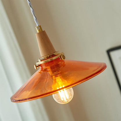 Traditional Vintage Brass Solid Wood Glass Conical Shade 1-Light Pendant Light For Bedroom