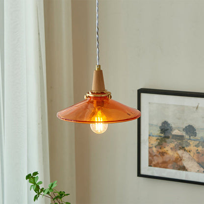 Traditional Vintage Brass Solid Wood Glass Conical Shade 1-Light Pendant Light For Bedroom