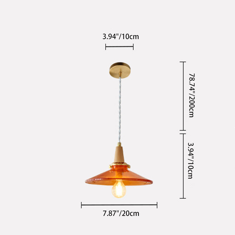 Traditional Vintage Brass Solid Wood Glass Conical Shade 1-Light Pendant Light For Bedroom