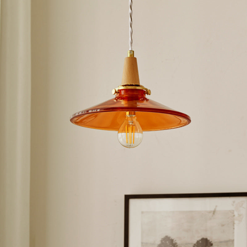 Traditional Vintage Brass Solid Wood Glass Conical Shade 1-Light Pendant Light For Bedroom