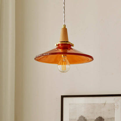 Traditional Vintage Brass Solid Wood Glass Conical Shade 1-Light Pendant Light For Bedroom