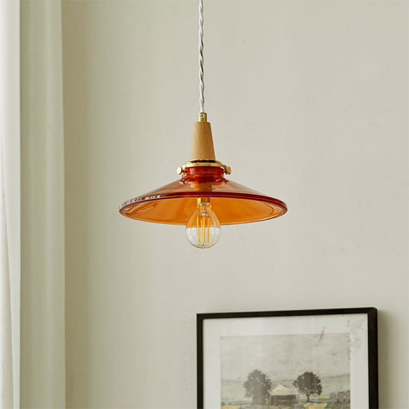 Traditional Vintage Brass Solid Wood Glass Conical Shade 1-Light Pendant Light For Bedroom