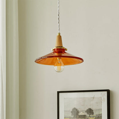 Traditional Vintage Brass Solid Wood Glass Conical Shade 1-Light Pendant Light For Bedroom