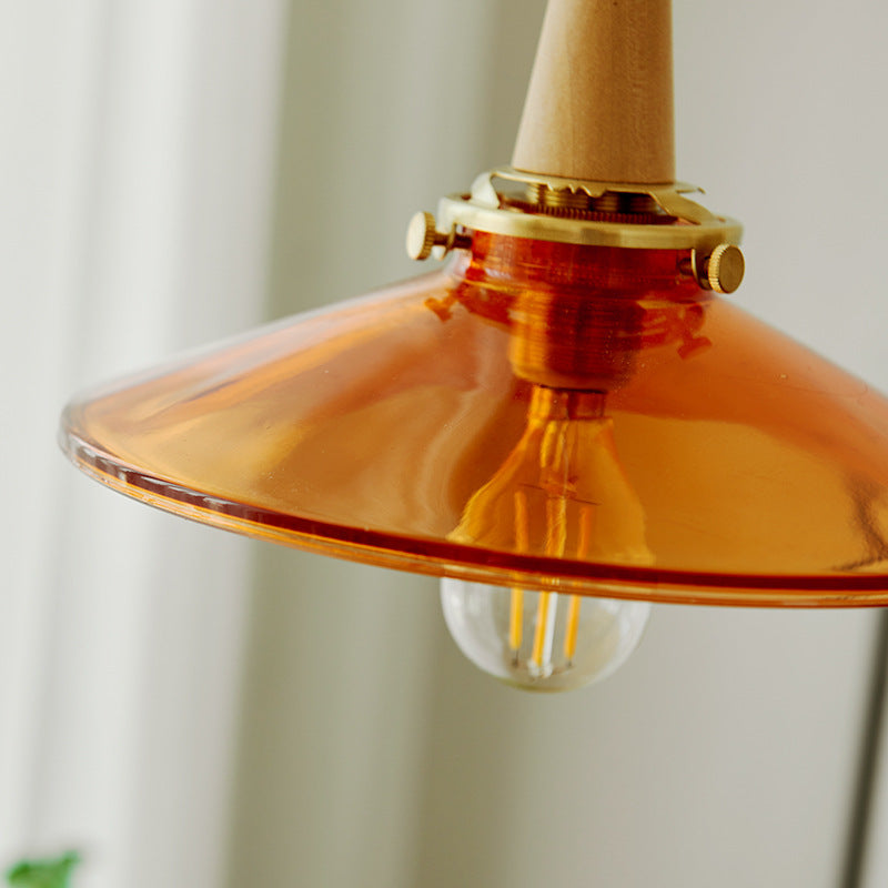 Traditional Vintage Brass Solid Wood Glass Conical Shade 1-Light Pendant Light For Bedroom