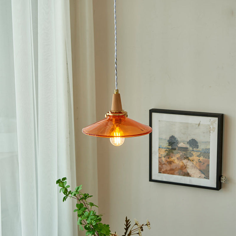 Traditional Vintage Brass Solid Wood Glass Conical Shade 1-Light Pendant Light For Bedroom