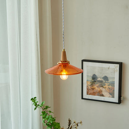 Traditional Vintage Brass Solid Wood Glass Conical Shade 1-Light Pendant Light For Bedroom