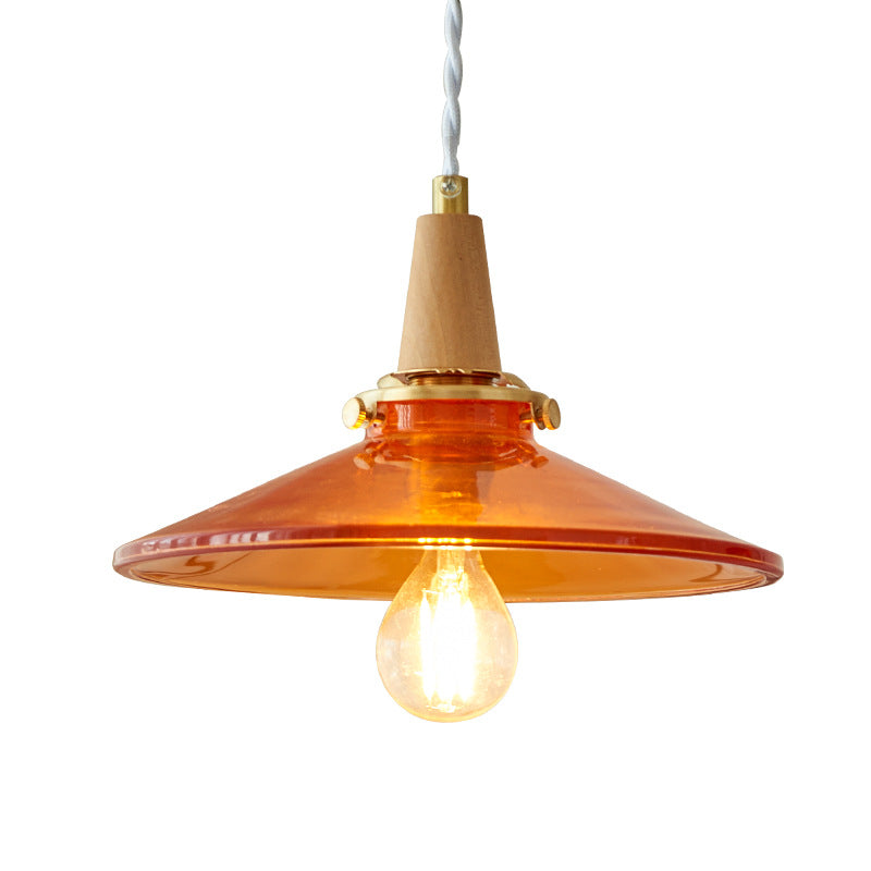 Traditional Vintage Brass Solid Wood Glass Conical Shade 1-Light Pendant Light For Bedroom