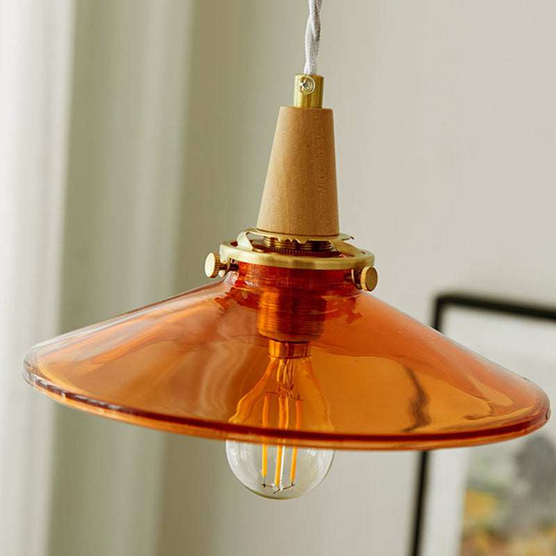 Traditional Vintage Brass Solid Wood Glass Conical Shade 1-Light Pendant Light For Bedroom