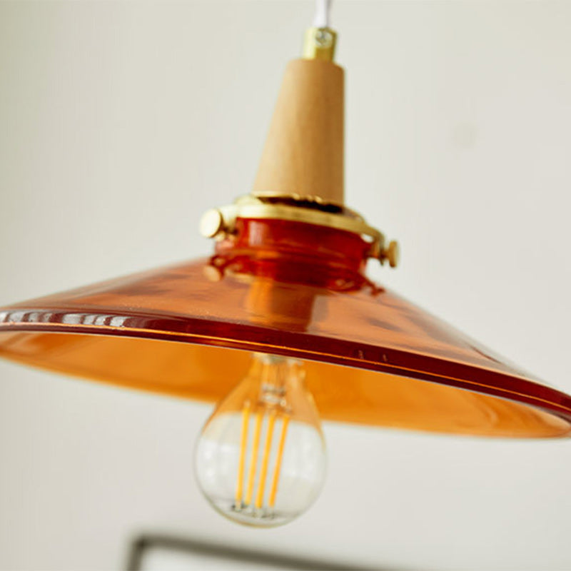 Traditional Vintage Brass Solid Wood Glass Conical Shade 1-Light Pendant Light For Bedroom