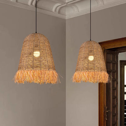 Traditional Farmhouse Braided Rope Lafite Grass Straw Hat Shade 1-Light Pendant Light For Dining Room
