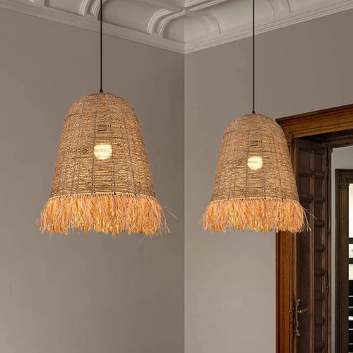 Traditional Farmhouse Braided Rope Lafite Grass Straw Hat Shade 1-Light Pendant Light For Dining Room