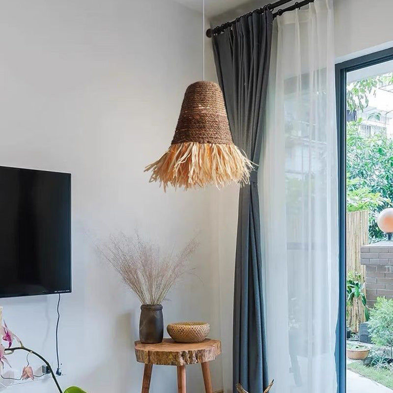 Traditional Farmhouse Braided Rope Lafite Grass Straw Hat Shade 1-Light Pendant Light For Dining Room