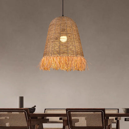 Traditional Farmhouse Braided Rope Lafite Grass Straw Hat Shade 1-Light Pendant Light For Dining Room