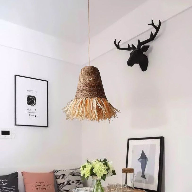 Traditional Farmhouse Braided Rope Lafite Grass Straw Hat Shade 1-Light Pendant Light For Dining Room