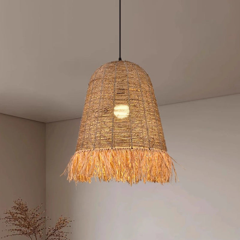 Traditional Farmhouse Braided Rope Lafite Grass Straw Hat Shade 1-Light Pendant Light For Dining Room