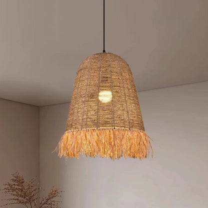 Traditional Farmhouse Braided Rope Lafite Grass Straw Hat Shade 1-Light Pendant Light For Dining Room