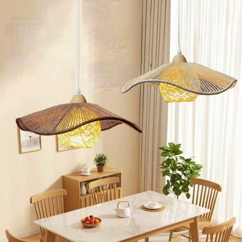 Traditional Rustic Rattan Hemp Rope Corrugated Shade 1-Light Pendant Light For Dining Room