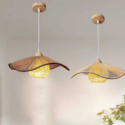 Traditional Rustic Rattan Hemp Rope Corrugated Shade 1-Light Pendant Light For Dining Room