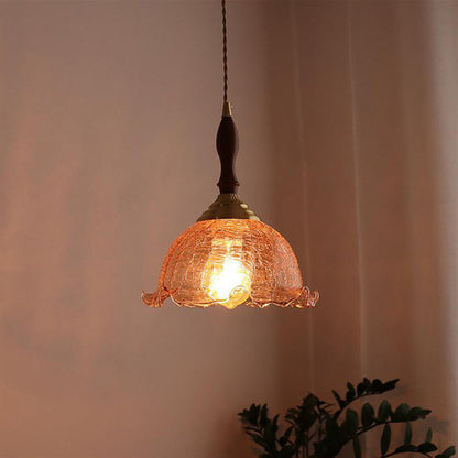 Traditional Vintage Brass Cracked Glass Flower Shade 1-light Pendant Light for Dining Room