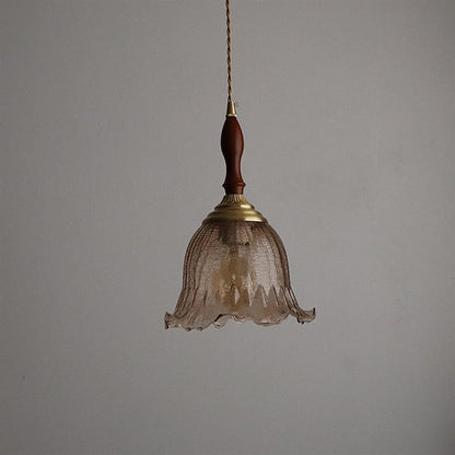 Traditional Vintage Brass Cracked Glass Flower Shade 1-light Pendant Light for Dining Room