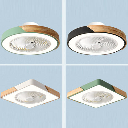Contemporary Scandinavian Round Iron Solid Wood LED Silent Semi-Flush Mount Ceiling Fan Light For Bedroom