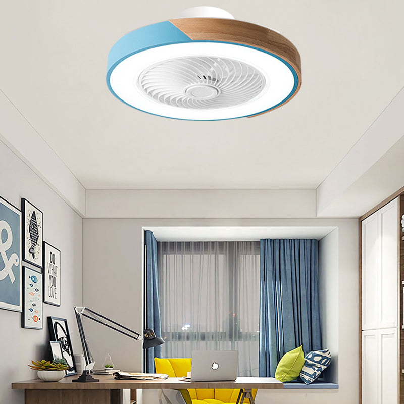 Contemporary Scandinavian Round Iron Solid Wood LED Silent Semi-Flush Mount Ceiling Fan Light For Bedroom Lumendat