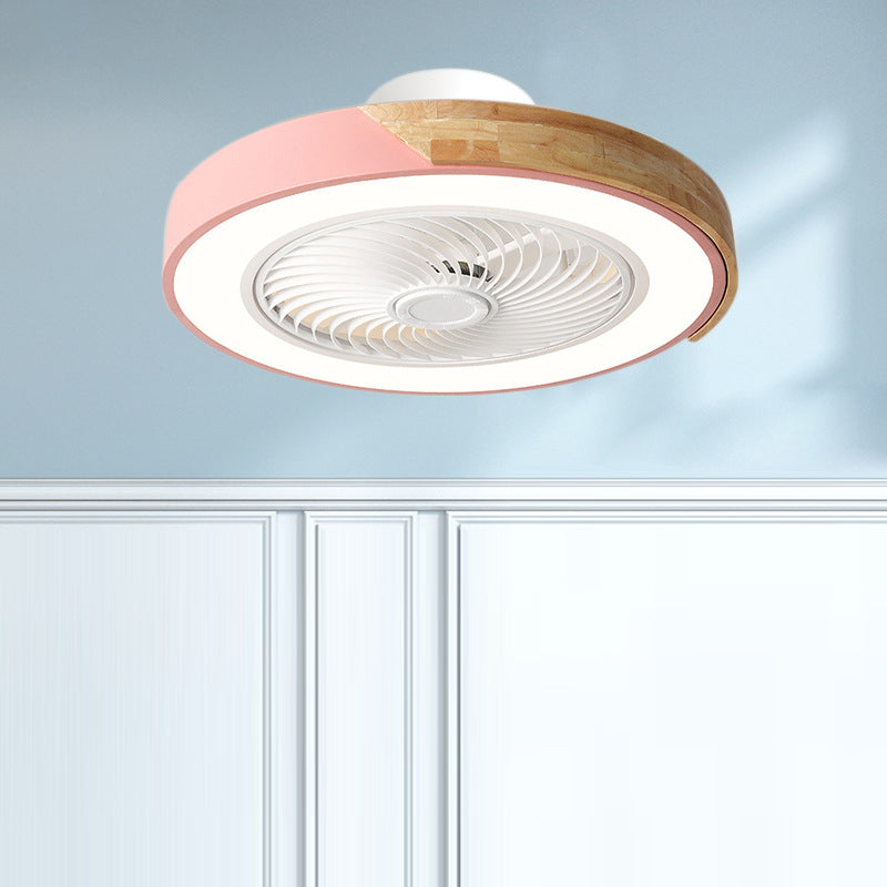 Contemporary Scandinavian Round Iron Solid Wood LED Silent Semi-Flush Mount Ceiling Fan Light For Bedroom Lumendat