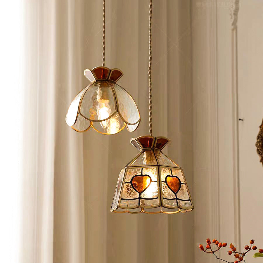 Traditional Japanese Brass Frame Frosted Ripple Glass Petal-Shaped 1-Light Pendant Light For Living Room