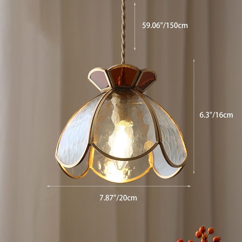 Traditional Japanese Brass Frame Frosted Ripple Glass Petal-Shaped 1-Light Pendant Light For Living Room