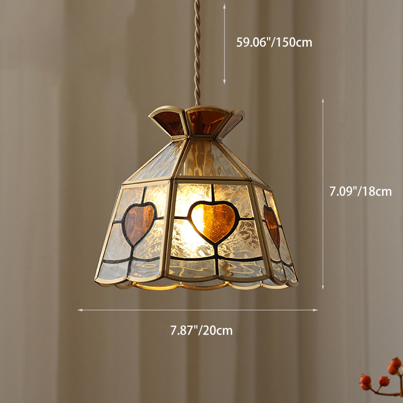Traditional Japanese Brass Frame Frosted Ripple Glass Petal-Shaped 1-Light Pendant Light For Living Room