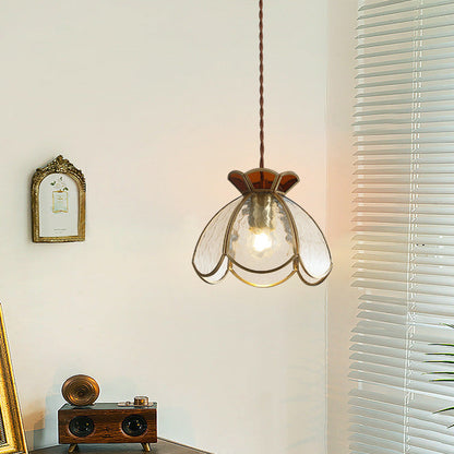 Traditional Japanese Brass Frame Frosted Ripple Glass Petal-Shaped 1-Light Pendant Light For Living Room