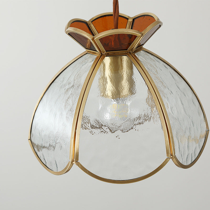 Traditional Japanese Brass Frame Frosted Ripple Glass Petal-Shaped 1-Light Pendant Light For Living Room