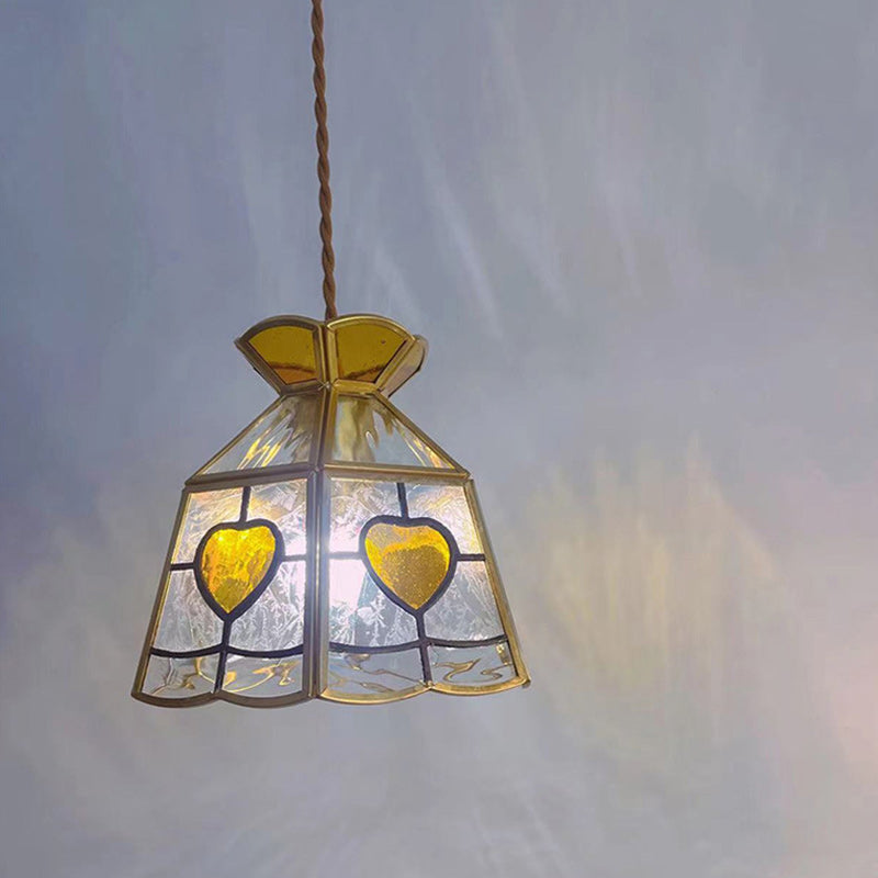 Traditional Japanese Brass Frame Frosted Ripple Glass Petal-Shaped 1-Light Pendant Light For Living Room