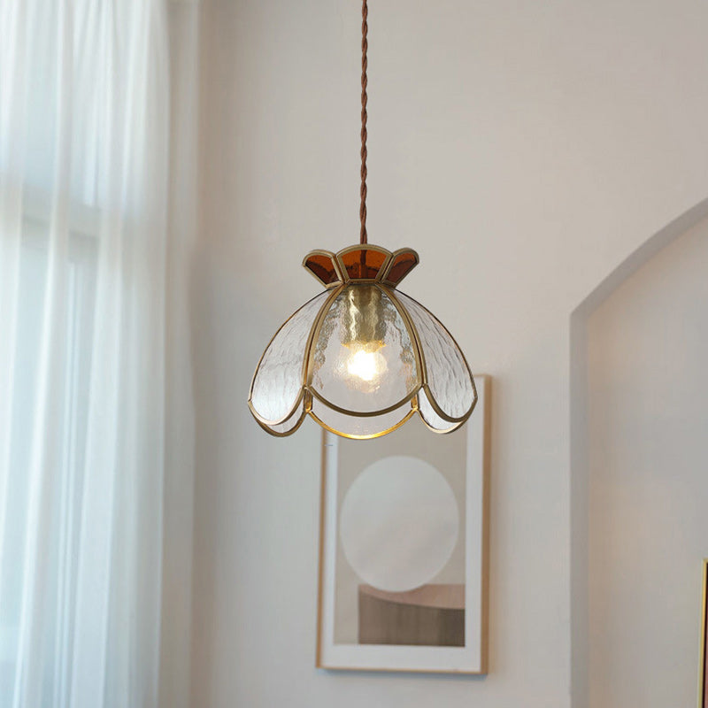 Traditional Japanese Brass Frame Frosted Ripple Glass Petal-shaped 1-light Pendant Light for Living Room BulbSquare
