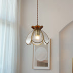 Traditional Japanese Brass Frame Frosted Ripple Glass Petal-shaped 1-light Pendant Light for Living Room BulbSquare